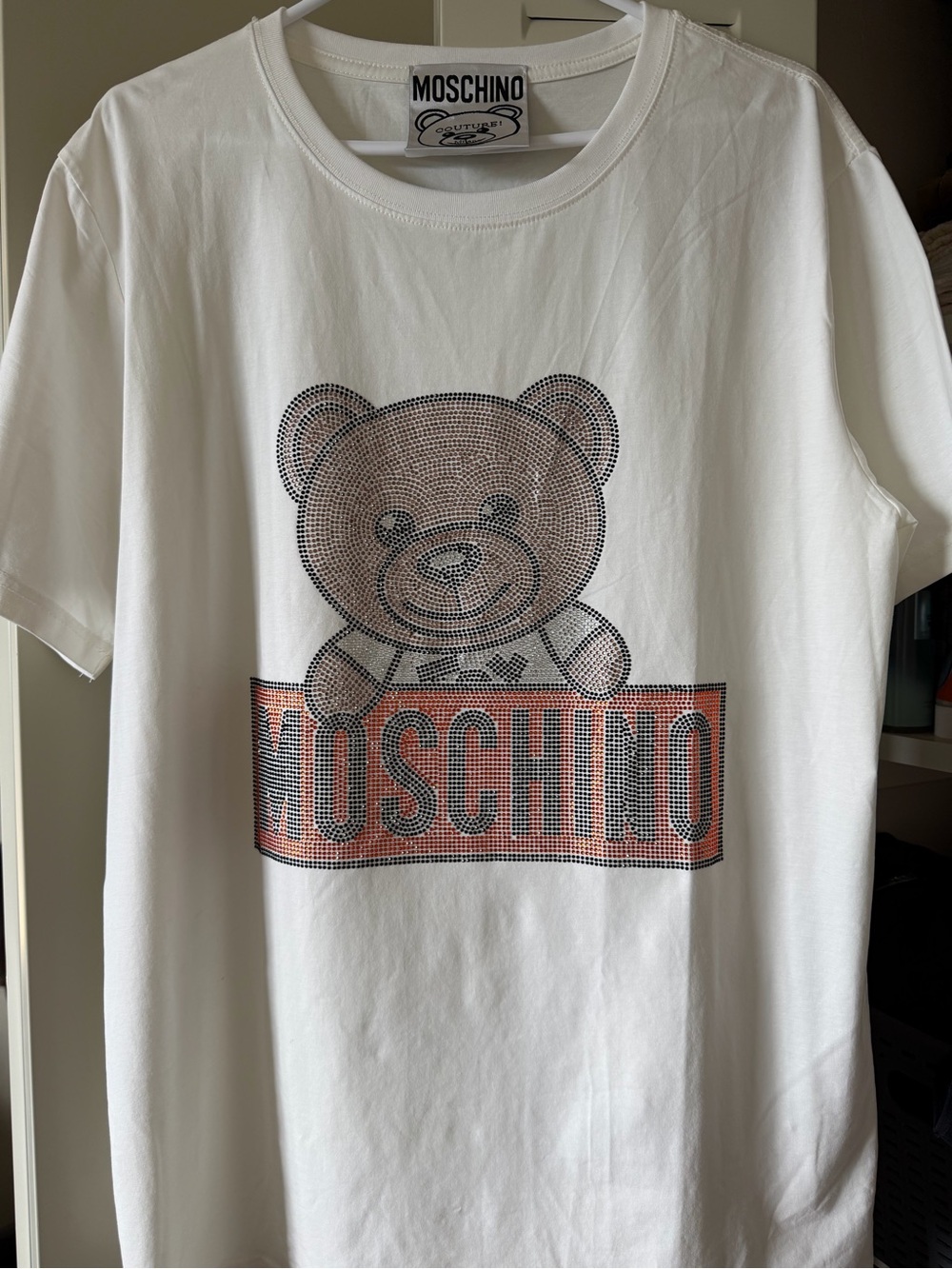 Moschino White Tee with Black Bear Logo Tag
